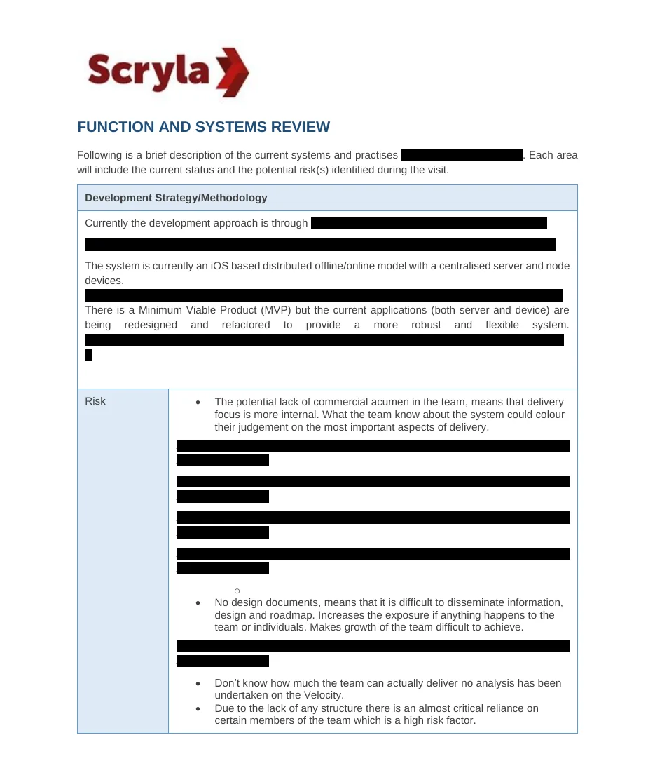 Function and systems review page from a redacted report, showing the development strategy and methodology area with a current-state description followed by a list of specific risks. Client-identifying passages are blacked out.